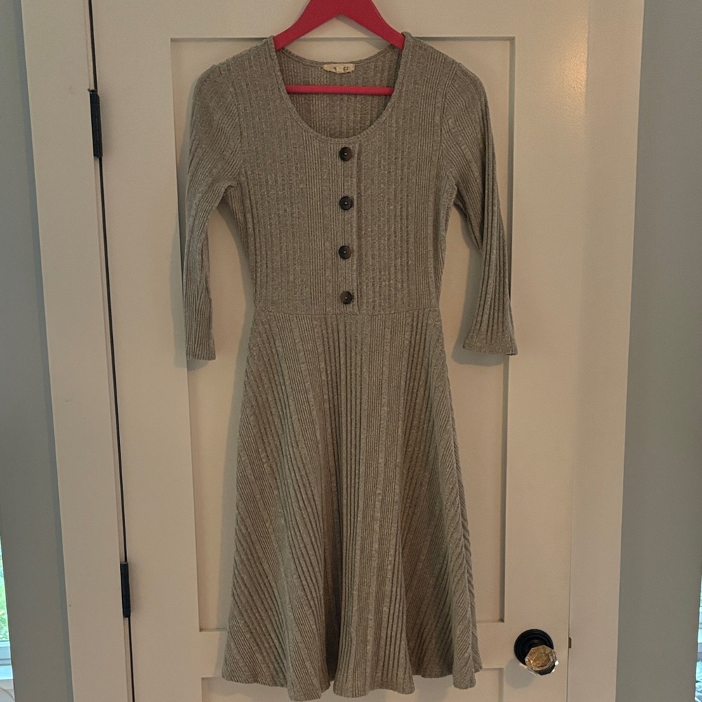 Roolee Taupe Ribbed Knit Dress with Buttons